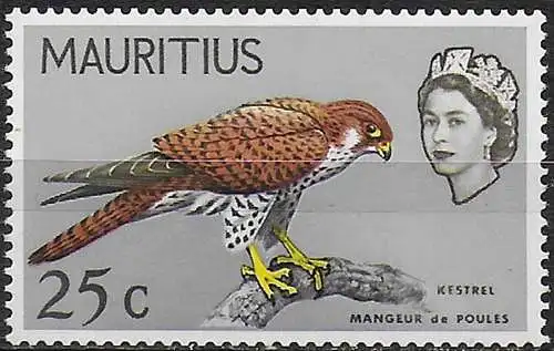 1965 Mauritius 25c. Mauritius Kestrel Wmk inverted MNH SG n. 324w