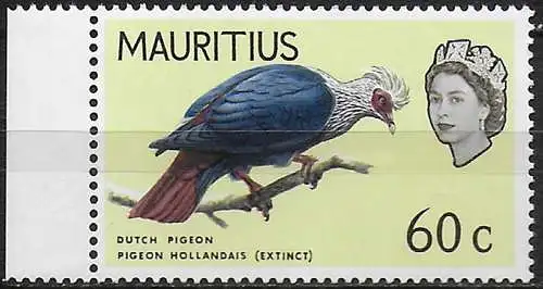 1965 Mauritius 60c. Mauritius Blue Pigeon Wmk inverted MNH SG n. 327w