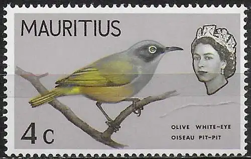 1965 Mauritius 4c. Olive Withe-eye Wmk inverted MNH SG n. 319w