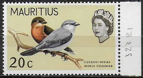 1965 Mauritius 20c. Mauritius Greybird Wmk inverted MNH SG n. 323w
