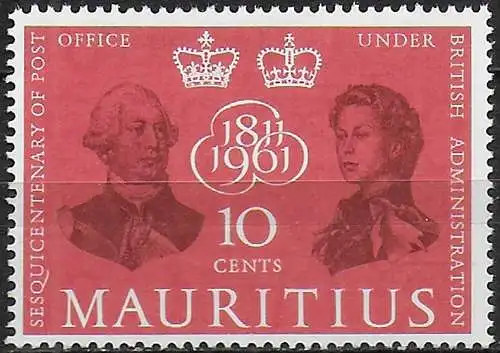 1961 Mauritius 10c. 150th British Post Office Wmk inverted MNH SG n. 307w