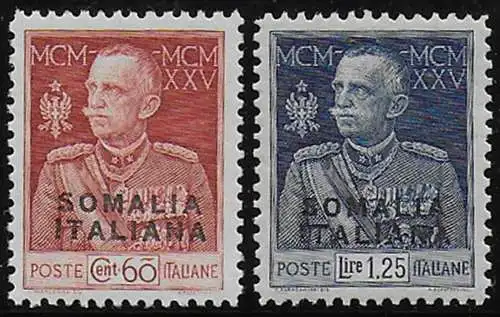 1925-26 Somalia VE III Silver Jubilee p.11 2v. bc MNH Sassone n. 67+69