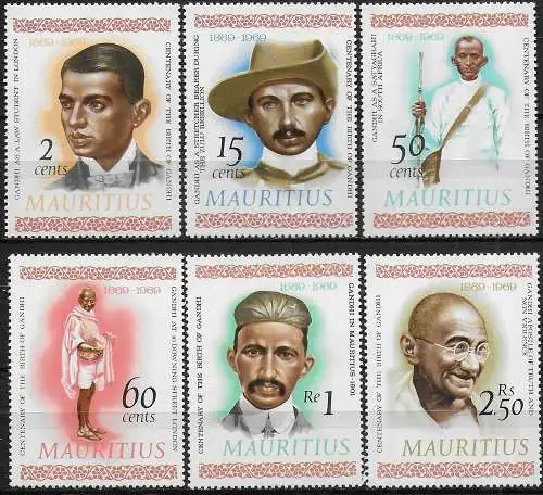 1969 Mauritius Mahatma Gandhi 6v. MNH SG n. 400/405