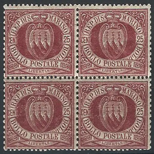1890 San Marino Coat of Arms 25c. lacquer bl4 MNH Sassone n. 5