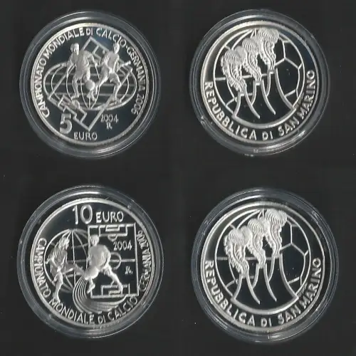 2004 San Marino 5euro +10euro Mondiali di Calcio Germania silver FS-PF65