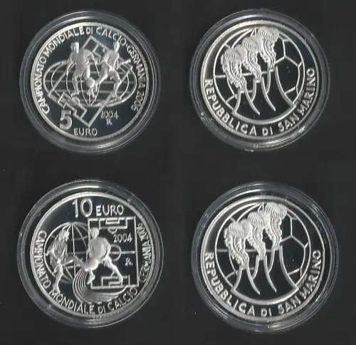 2004 San Marino 5euro +10euro Mondiali di Calcio Germania silver FS-PF65