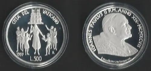 1997 Vaticano Lire 500 silver Youth Day FS-PF65