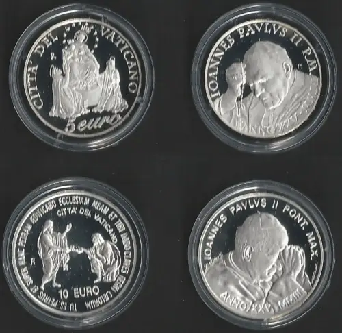2003 Vaticano 5euro+10euro silver Rosario-25 years of Pontificate FS-PF65