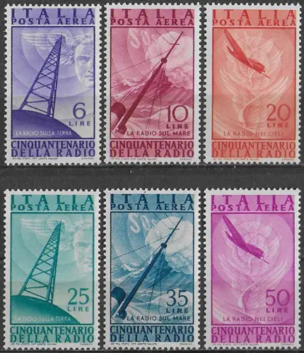 1947 Italia Radio invention airmail 6v. MNH Sassone n. 136/41