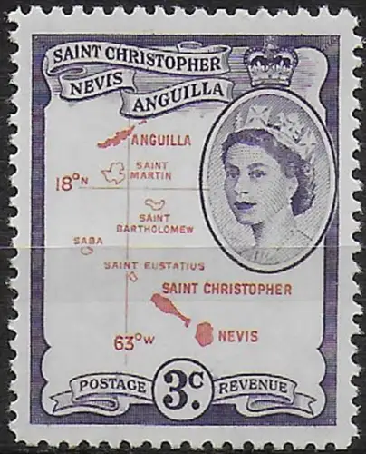 1963 St Christopher Elizabeth II 3c. carmine and red violet MNH SG n. 109a