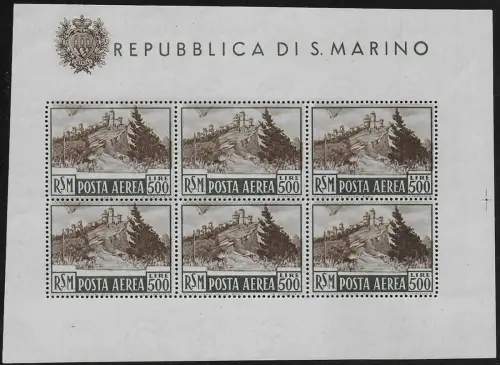 1951 San Marino Veduta Lire 500 bruno MS MNH Sassone n. (12d)