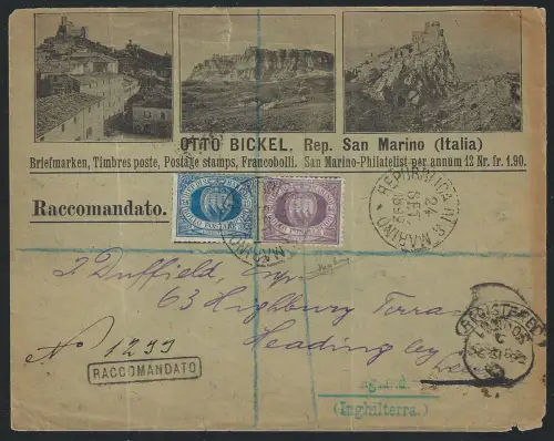 1877 San Marino Lettera 10c. azzurro/ 40c. lilla scuro Sassone n. 3A+7