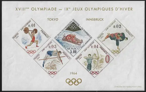 1964 Monaco Tokyo Olympic Games MS MNH Unificato n. S7