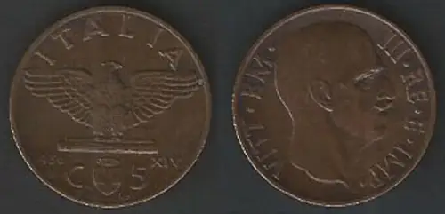 1936 Italia VE III 5c. Impero I tipo in rame SPL+