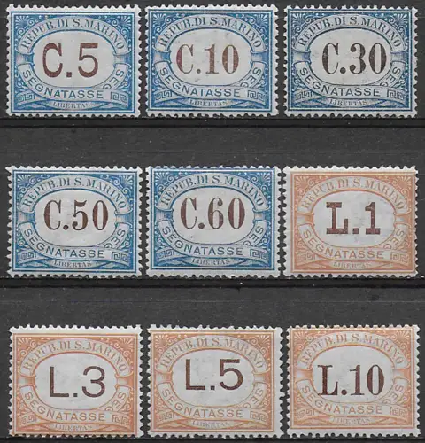 1925 San Marino postage due stamps 9v. MNH Sassone n. 19/27
