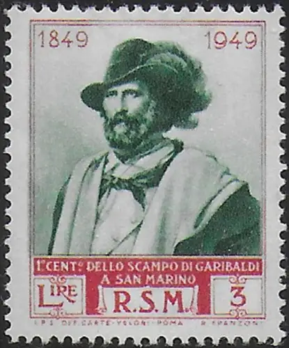 1952 San Marino Garibaldi Lire 3 Wmk Wheel 3rd type MNH Sassone n. 360/I