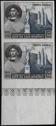 1952 San Marino aerea Lire 200 Colombo unp. pair MNH Sassone n. 101c