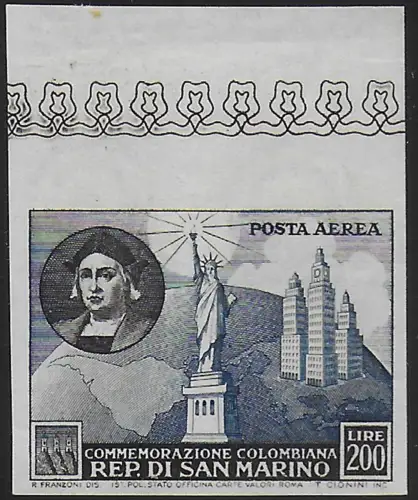 1952 San Marino aerea Lire 200 Colombo 1v. unp. MNH Sassone n. 101c