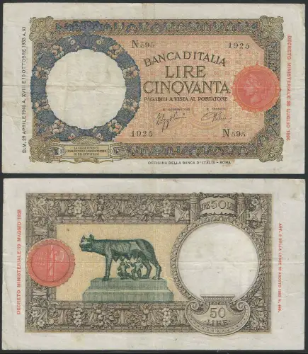1940 Lire 50 Lupetta I tipo BB Gigante Rif BI 6M