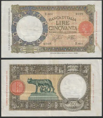 1940 Lire 50 Lupetta I tipo SPL Gigante Rif BI 6M