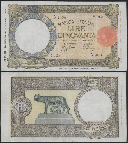 1943 Lire 50 Lupetta Capitolina BB Gigante Rif BI 11A