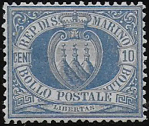 1877 San Marino 10c. ultramarine sup MNH Sassone n. 3
