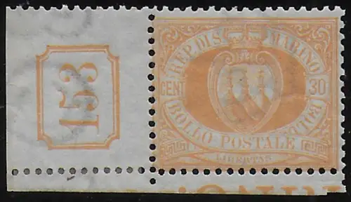 1892 San Marino 30c. light yellow plate number MNH Sassone n. 16