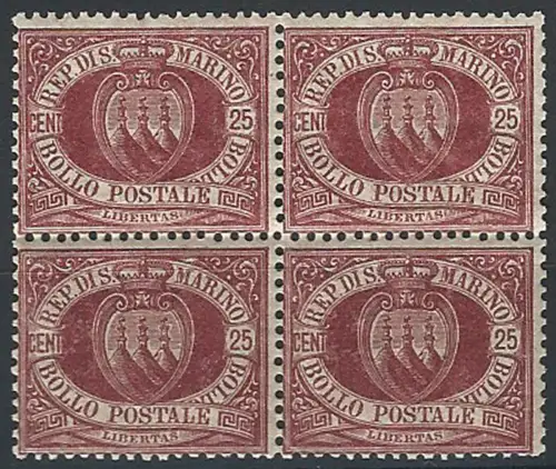 1890 San Marino Coat of Arms 25c. lacquer bl4 MNH Sassone n. 5