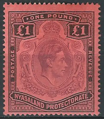 1938-44 Nyasaland Giorgio VI £1 purple and black-red MNH SG. n. 143