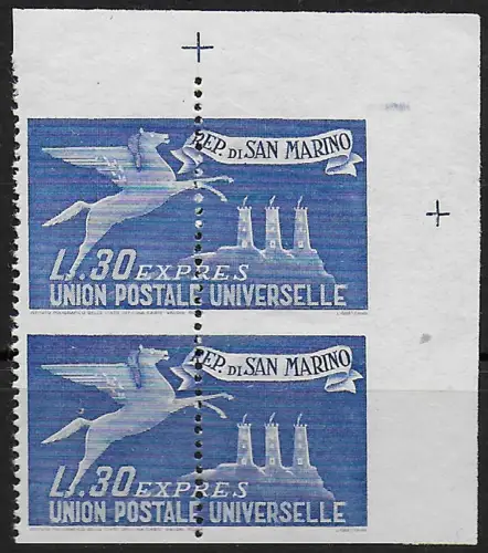 1946 San Marino express for abroad pair variety MNH Sassone n. 15ca