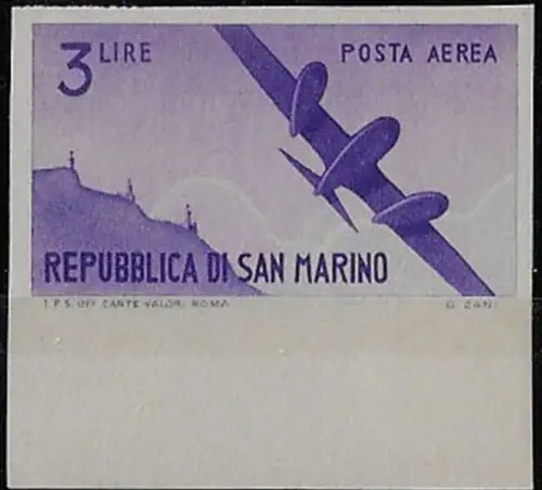 1946 San Marino airmail airplanes Lire 3 variety MNH Sassone n. 54b