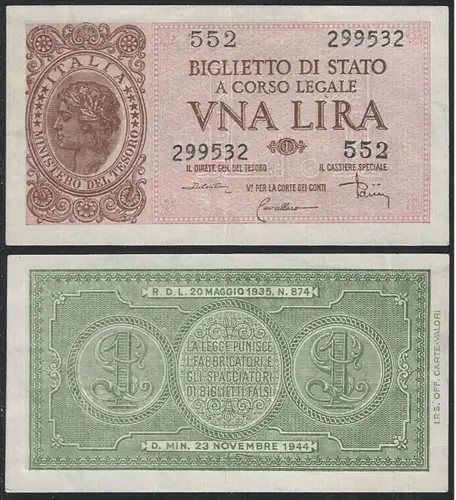 1944 Lire 1 Italia Laureata SUP Rif Gigante BS 5C