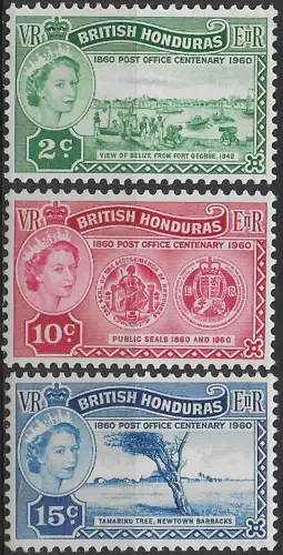 1960 British Honduras Post Office Centenary 3v. MNH SG n. 191/93
