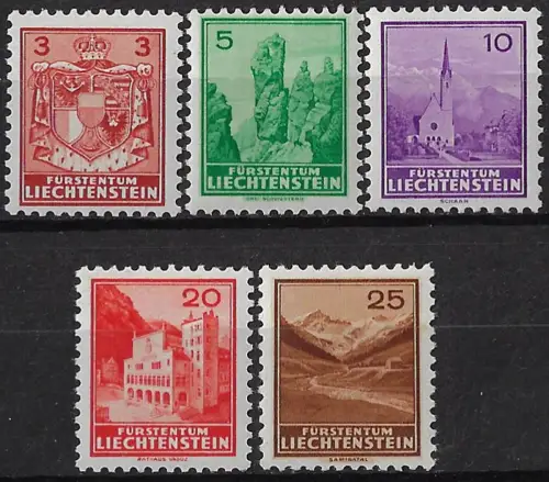 1934-35 Liechtenstein vedute 5v. MNH Unif n. 123/27