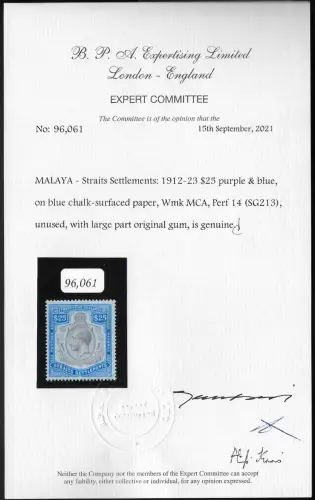 1912-23 Malaysia Straits Settlements $25 MLH SG n. 213