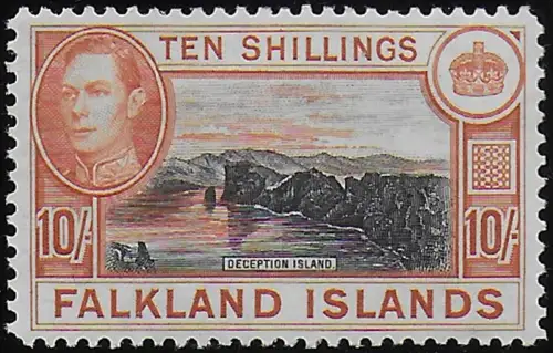 1938 Falkland Islands 10s. black and orange brown MNH SG n. 162
