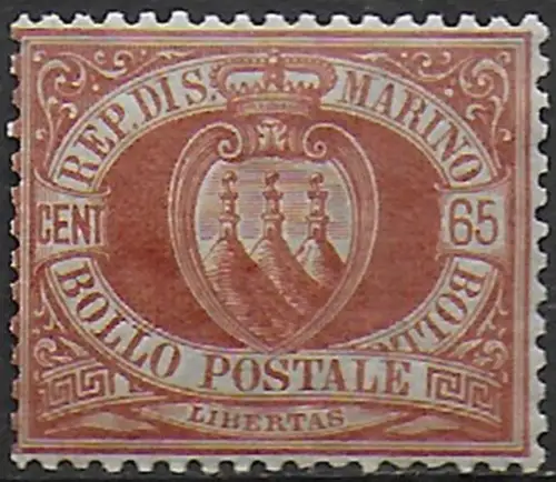 1894 San Marino stemma 65c. bruno rosso MNH Sassone n. 19
