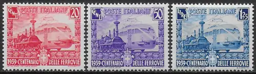 1939 Italia 100th Italian railways 3v. bc MNH Sassone n. 449/51
