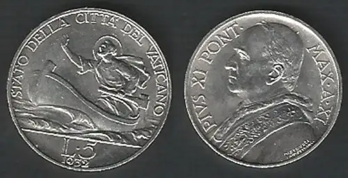 1932 Vaticano Pio XI Lire 5 silver FDC-MS65