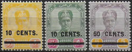 1904 Johore Sultan Ibrahim optd 3v. MH SG n. 58/60