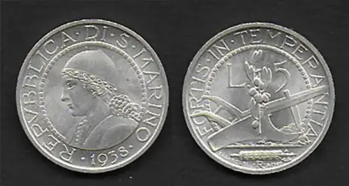 1938 San Marino Lire 5 silver FDC-BU