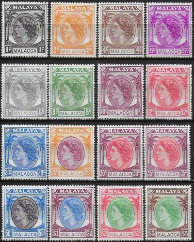 1954-57 Malacca Malaysian States Elizabeth II 16v. MH SG n. 23/38