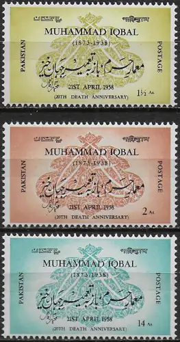 1958 Pakistan Mohammed Iqbal 3v. MNH SG n. 96/98