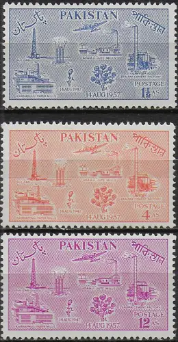 1957 Pakistan 10th Anniversary of Independence 3v. MNH SG n. 92/94
