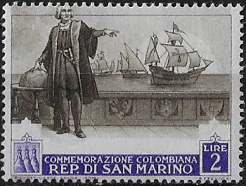 1952 San Marino Lire 2 Colombo variety MNH Sassone n. 373a