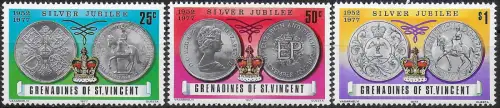 1977 Grenadines of St. Vincent silver jubilee 3v. MNH SG n. 93euro95