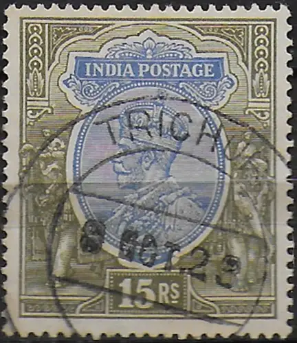 1913 India George V 15r. blue and olive Used SG n. 190