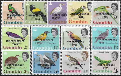 1965 Gambia Birds optd INDEPENDENCE 1965 13v. MNH SG n. 215euro27