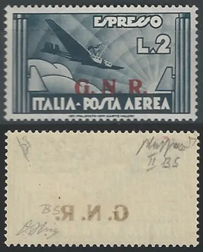1943 Repubblica Sociale airmail Lire 2 G.N.R. Brescia II variety MNH Sassone n. 125euroII