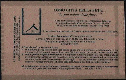 2001 Italia Francobusta silk made SETA on reverse side Unificato n. 1B